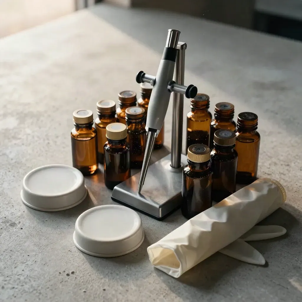 Lab sampling tools and amber vials arranged in a tight macro cluster on pale concrete.