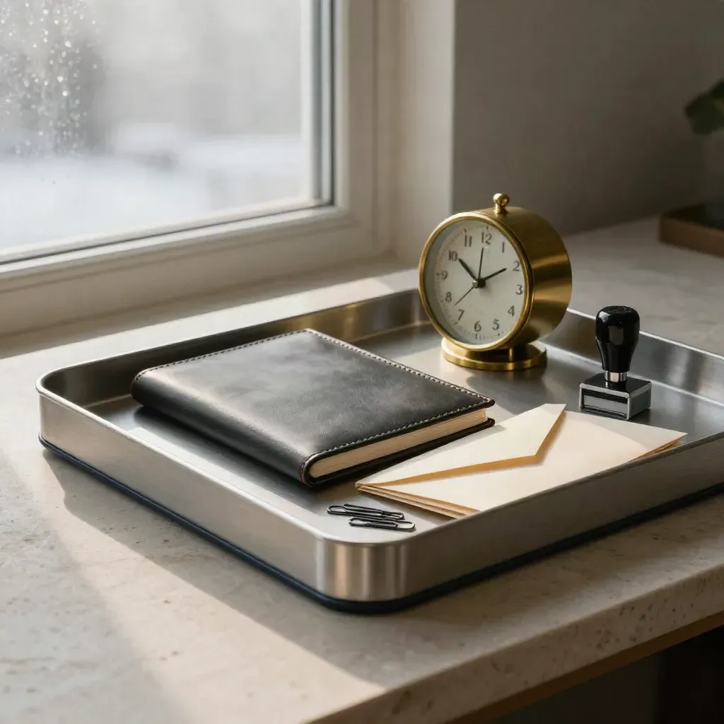 Sales desk kit with aluminum inbox tray, leather notebook, brass clock and envelopes on pale stone.
