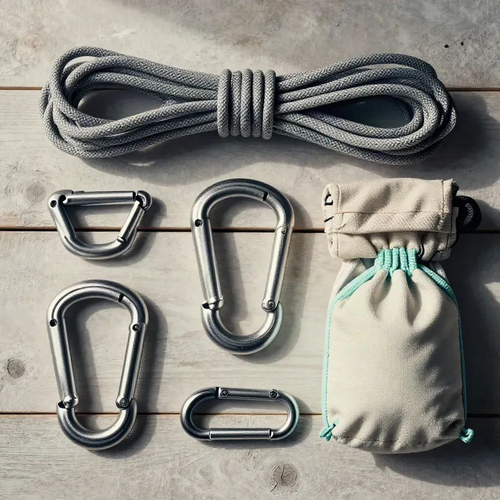 Climbing rope, carabiners, pouch and chalk bag on pale wood in soft alpine light.