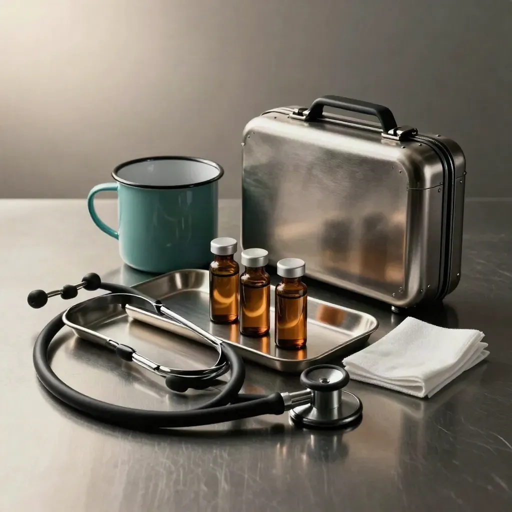 Clinical intake tools on brushed steel: stethoscope, tray, amber vials, instrument case, teal cup.