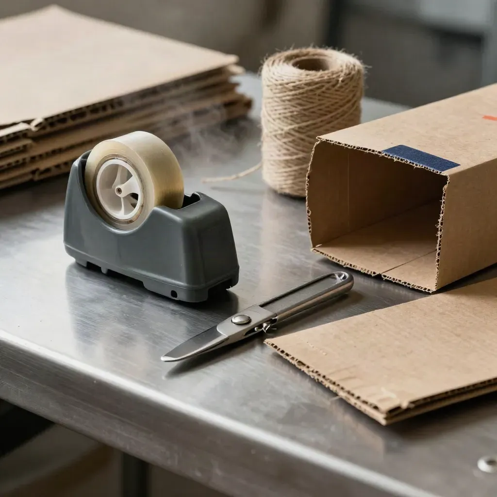 Shipping tools still life with tape dispenser, box cutter, carton edges, twine and kraft wrap on brushed metal.