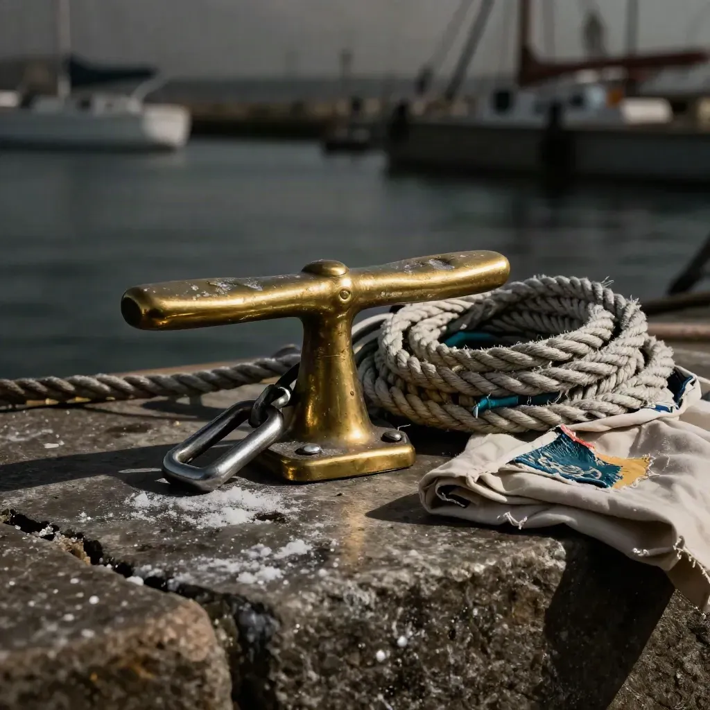 Brass cleat, shackle, dock line, and sailcloth patch on stone in salt haze.