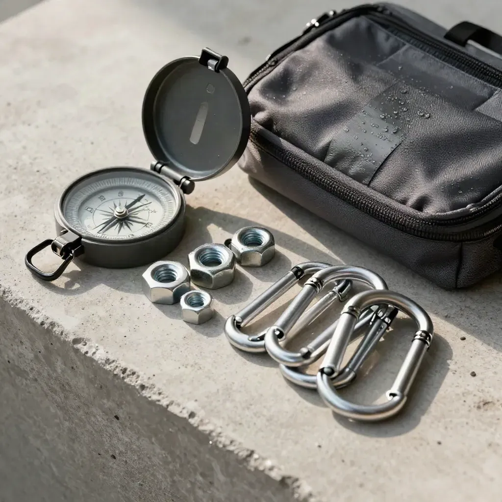 Climbing kit macro: compass case, nuts, carabiners and pouch on concrete with mist