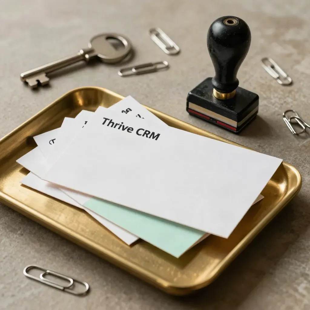 Overhead still life of lead-capture cards, brass tray, stamp, and paper clips on stone.