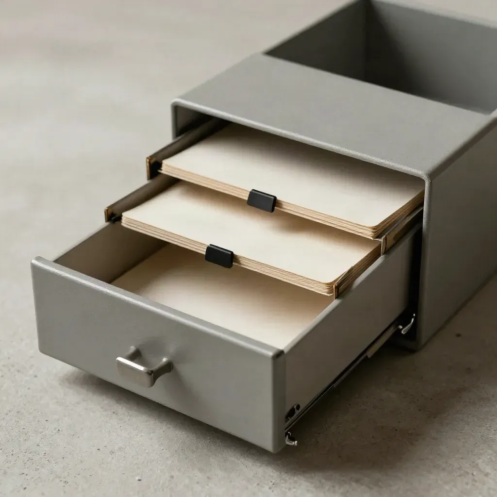 Half-open tabbed card index box with blank divider cards and a binder clip on concrete.