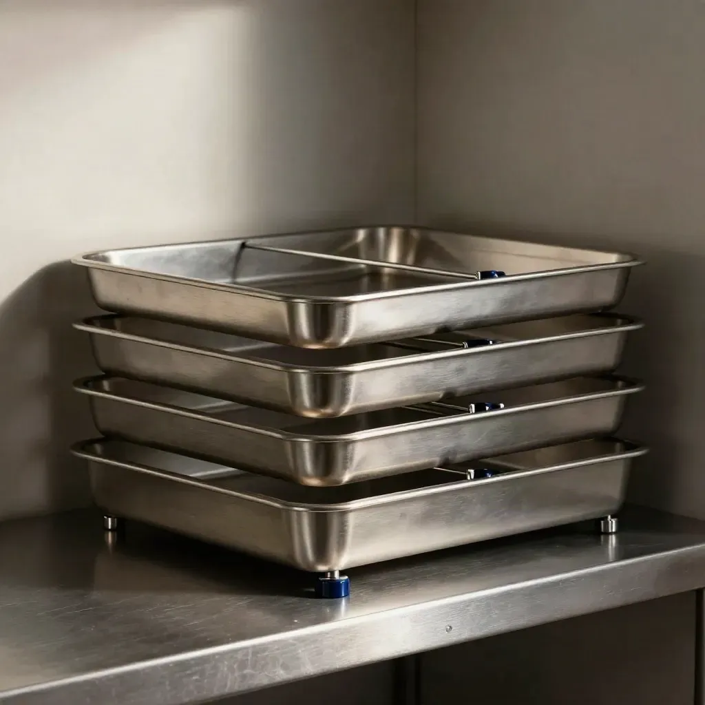 Nested metal inbox trays with steel dividers on brushed metal, side-on low close.