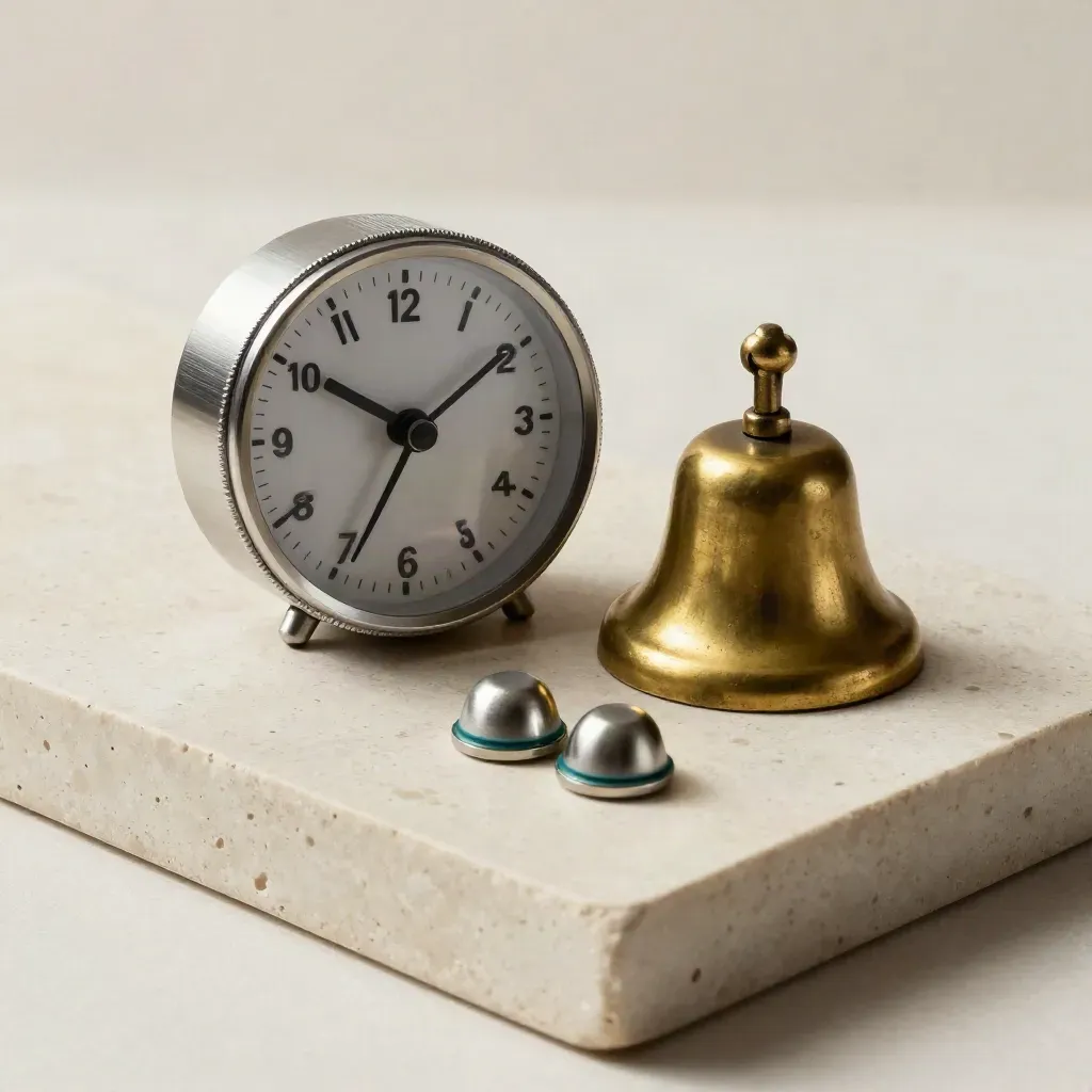 Brushed metal timer, brass bell, and reminder tokens on cream stone