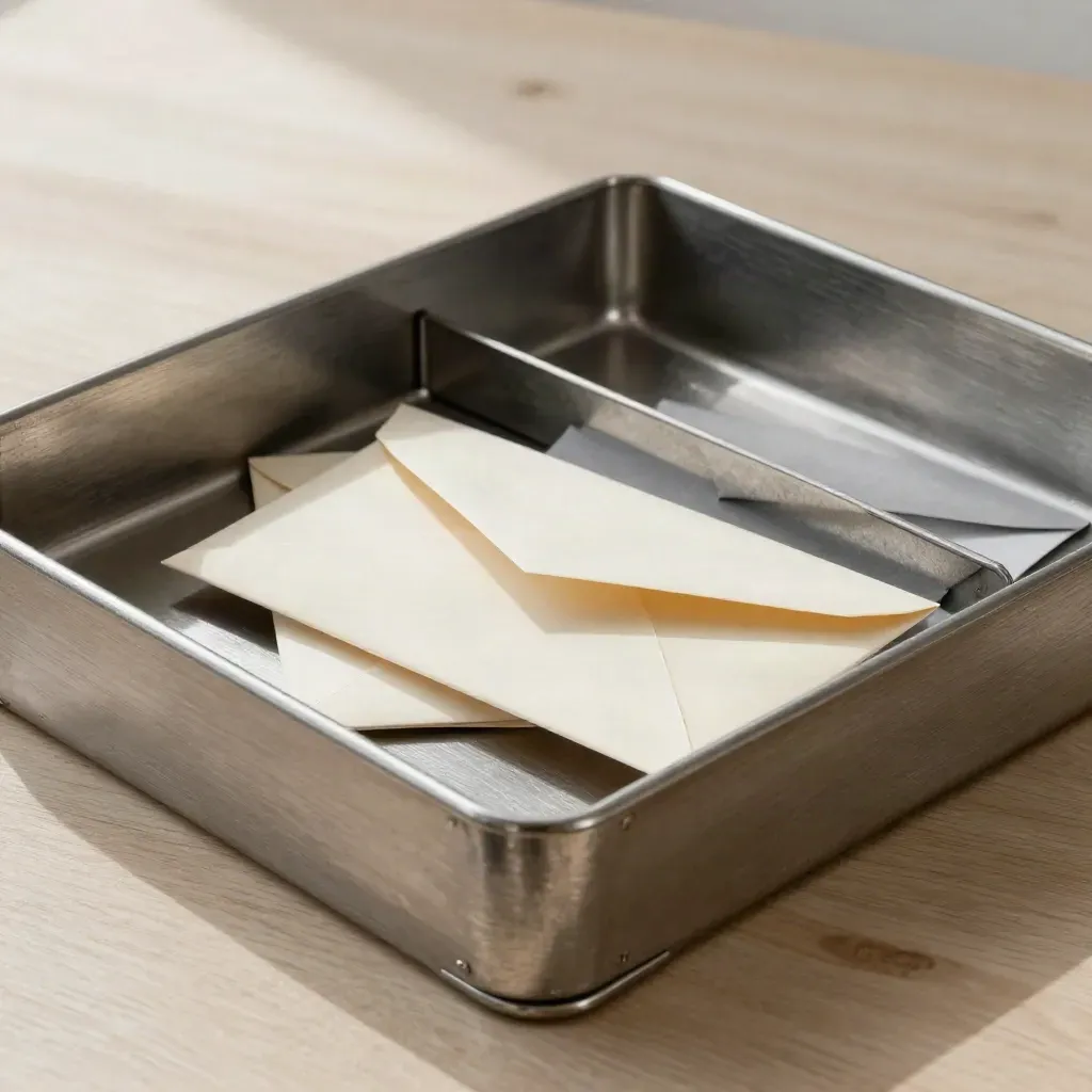 Top-down steel mail trays and a cream envelope bridging between them on pale wood.