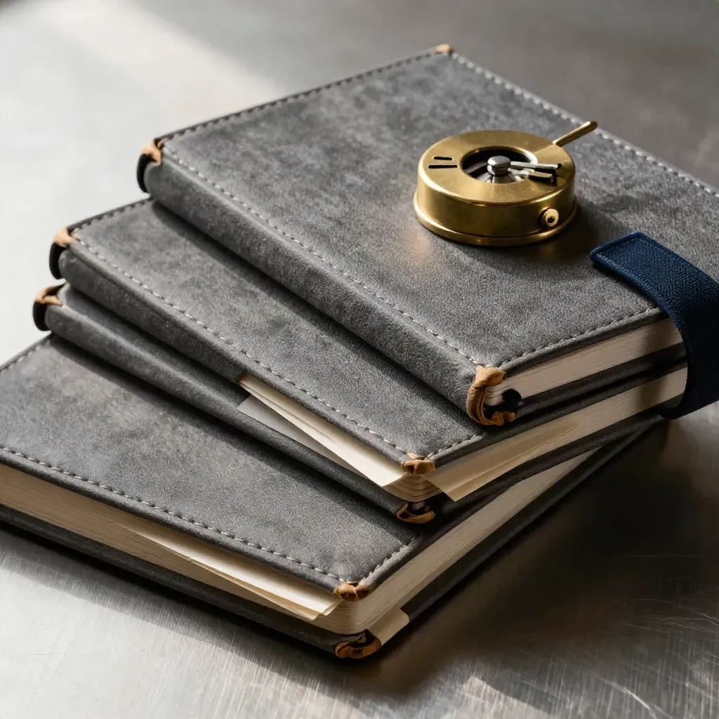 Top-down still life of ledgers, brass counter, and tabs on brushed metal.