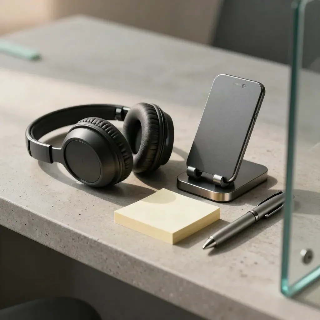Macro desk kit with headset, phone stand, sticky cube and pen tray seen through frosted glass.