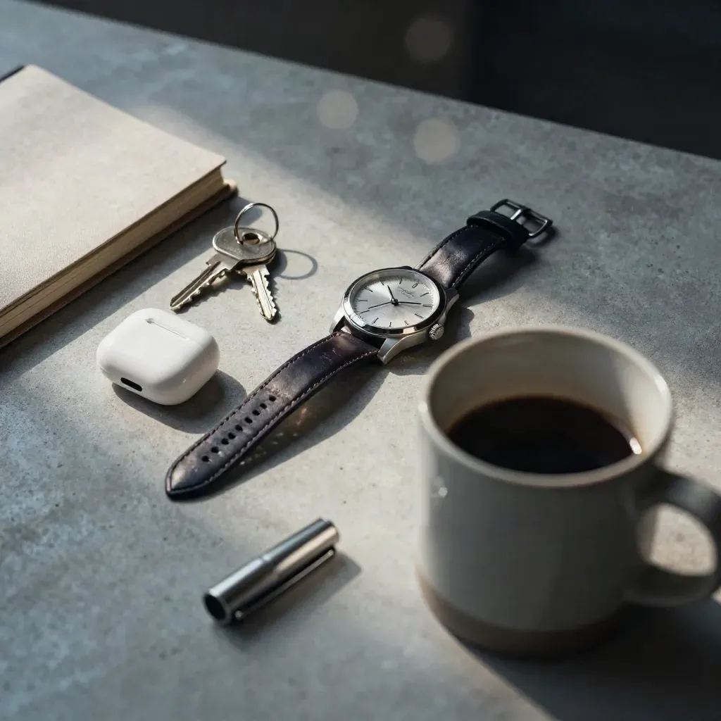 Founder essentials on pale concrete with watch, keys, earbuds case, notebook, pen cap, and a blurred mug