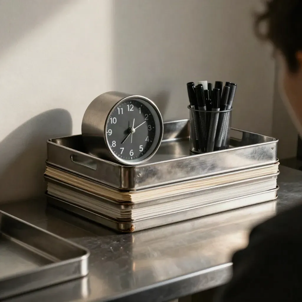 Stacked inbox trays, desk clock and marker cup on brushed steel in soft office light.