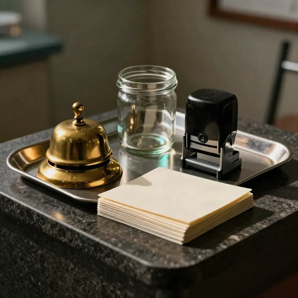 Clinic front-desk objects on dark stone: bell, tray, stamp, jar, and blank cards.