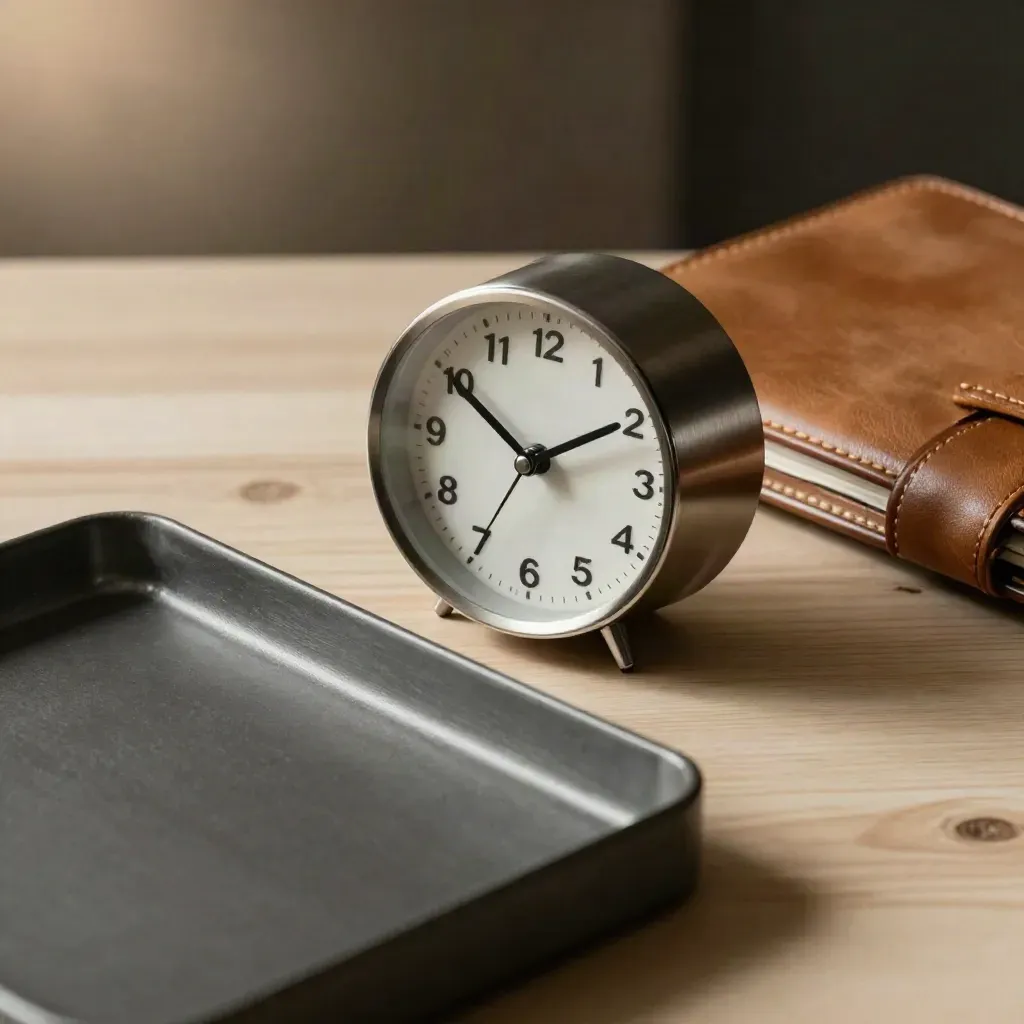 Top-down still life of a desk clock, mail trays and leather planner on pale wood.