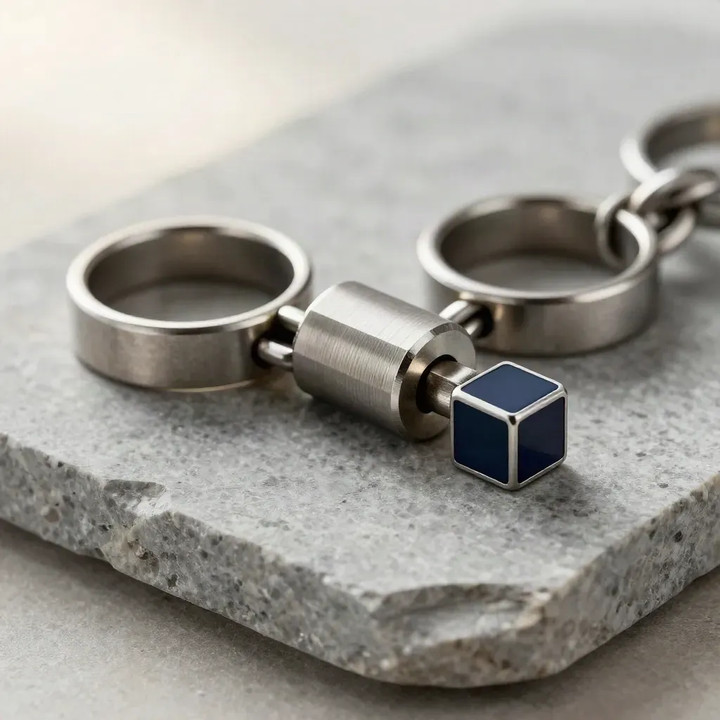 Macro still life of linked metal rings, a connector block, and a modular cube on stone