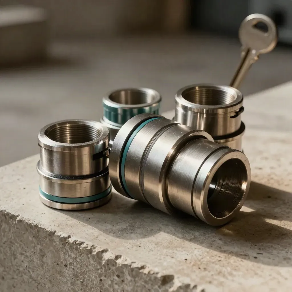 Brushed aluminum couplings and a hub on pale concrete under dramatic studio light.