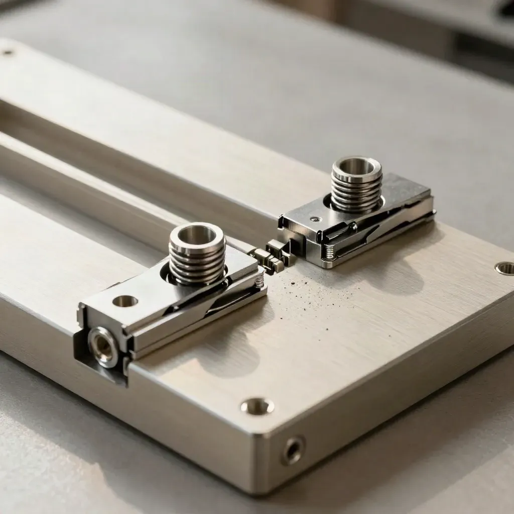 Top-down metal linkage still life with clips and spacer on brushed pale metal.