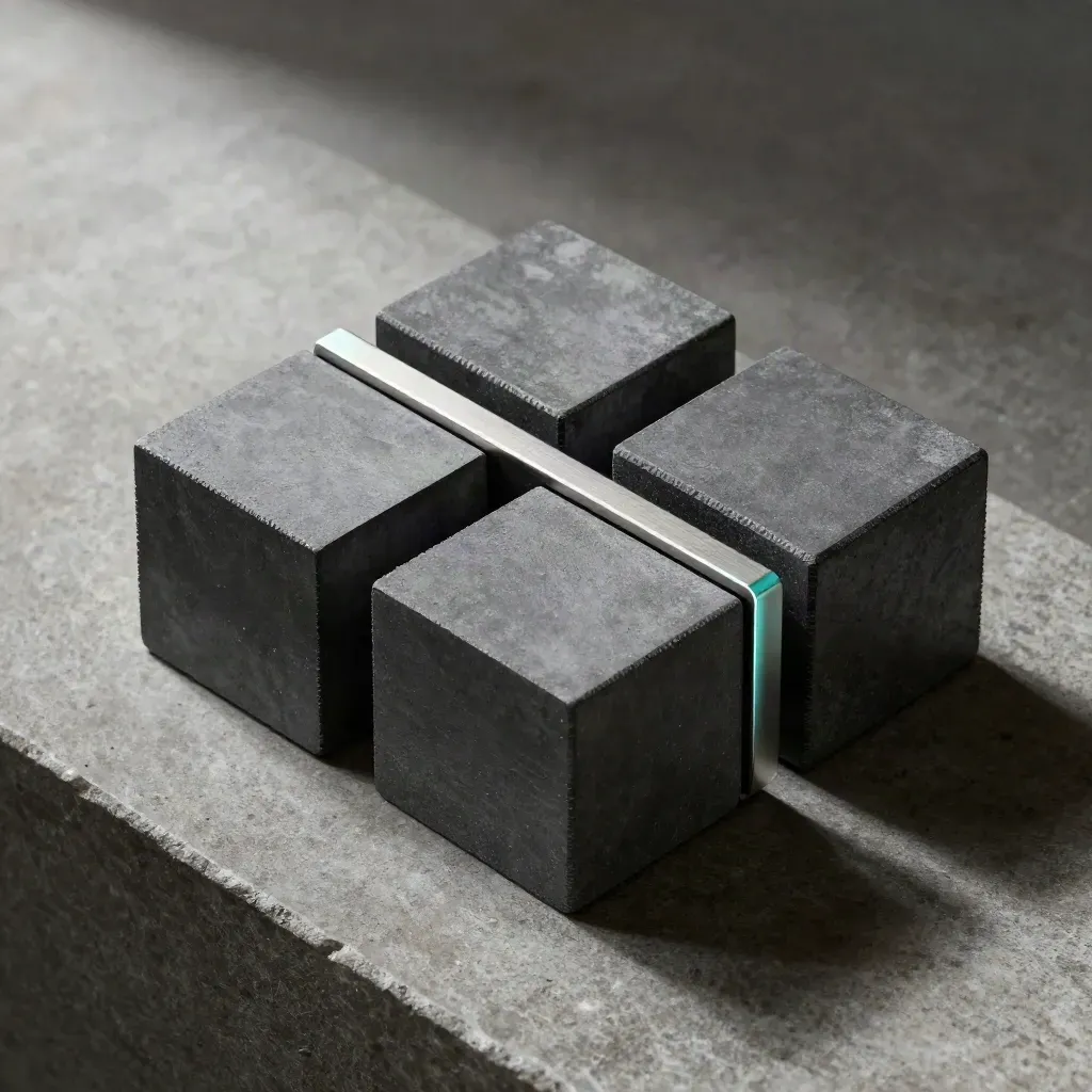 Graphite modular blocks and a slim metal bridge on brushed stone with a mint accent.