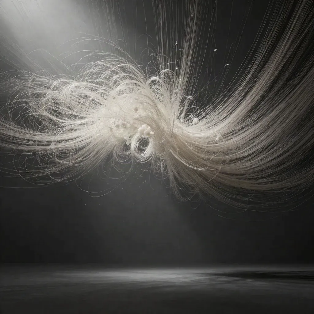 Silver filaments converge into a soft white bloom in dark graphite haze.